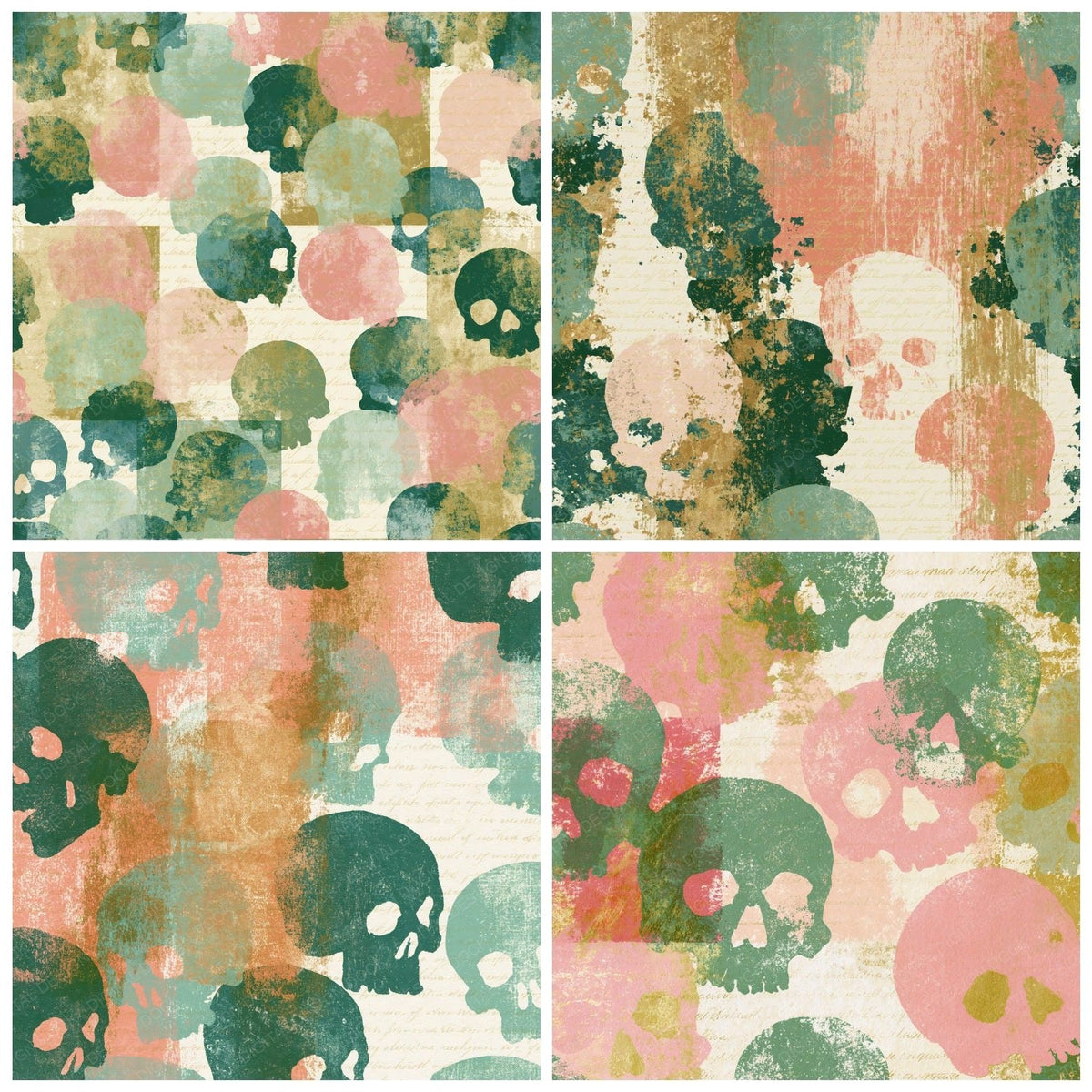 Four more Screenprint Skulls Green Blush digital papers from the pack shown in a grid
