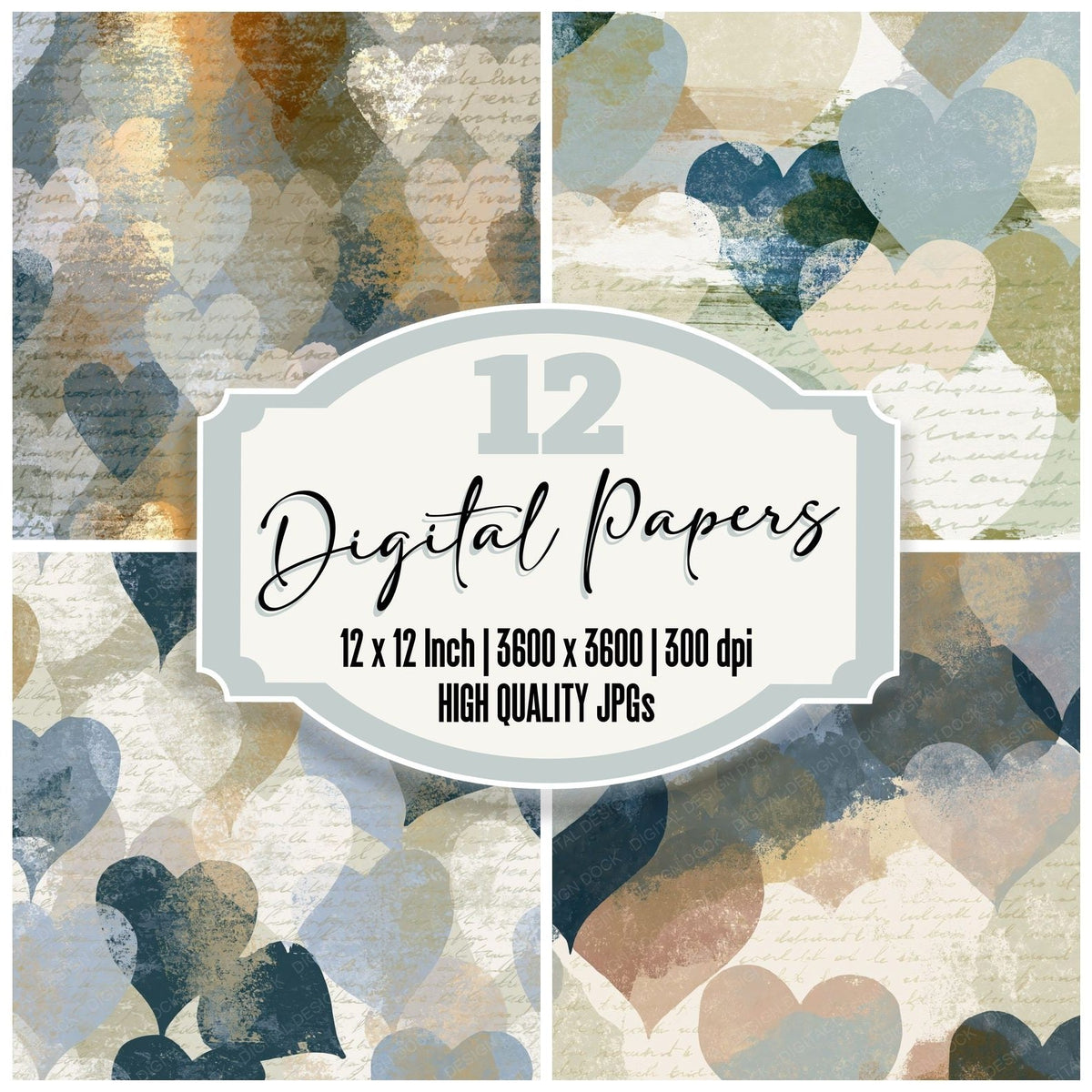 Woodblock Hearts Stone Bone Abstract digital paper pack cover showing four of the 12 papers