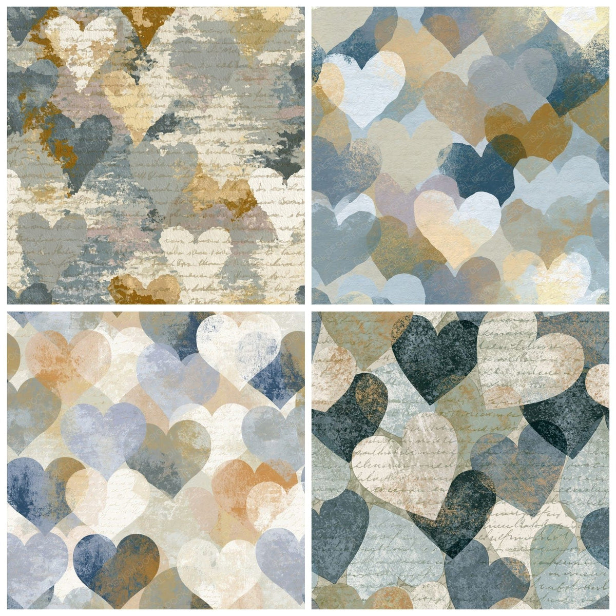 Four Woodblock Hearts Stone Bone Abstract digital papers from the pack shown in a grid