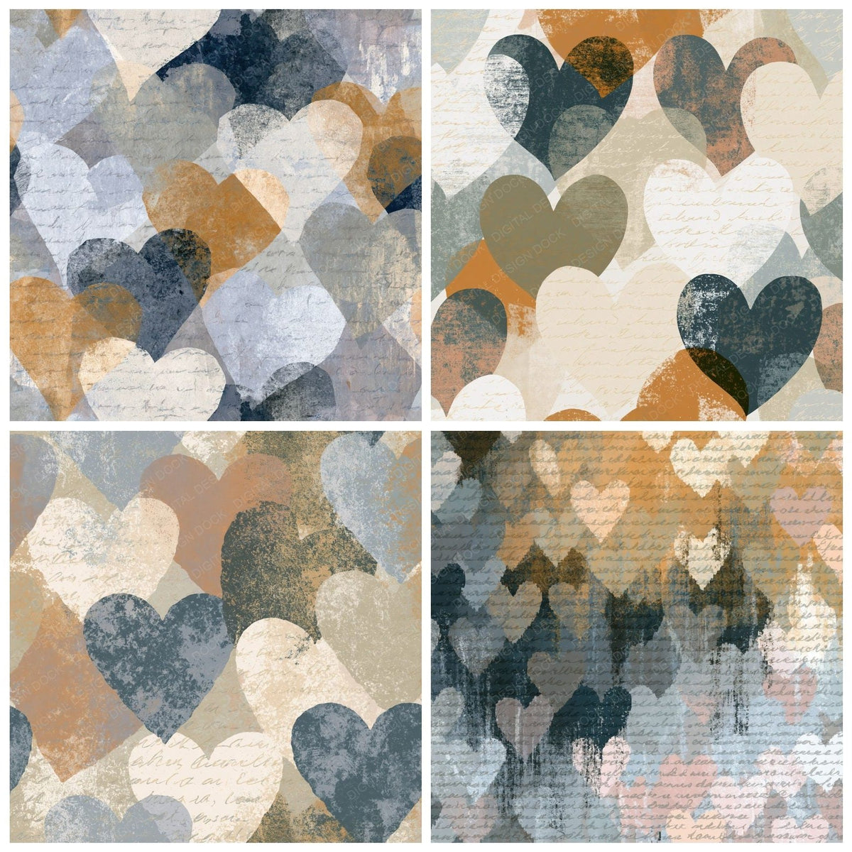Four more Woodblock Hearts Stone Bone Abstract digital papers from the pack shown in a grid