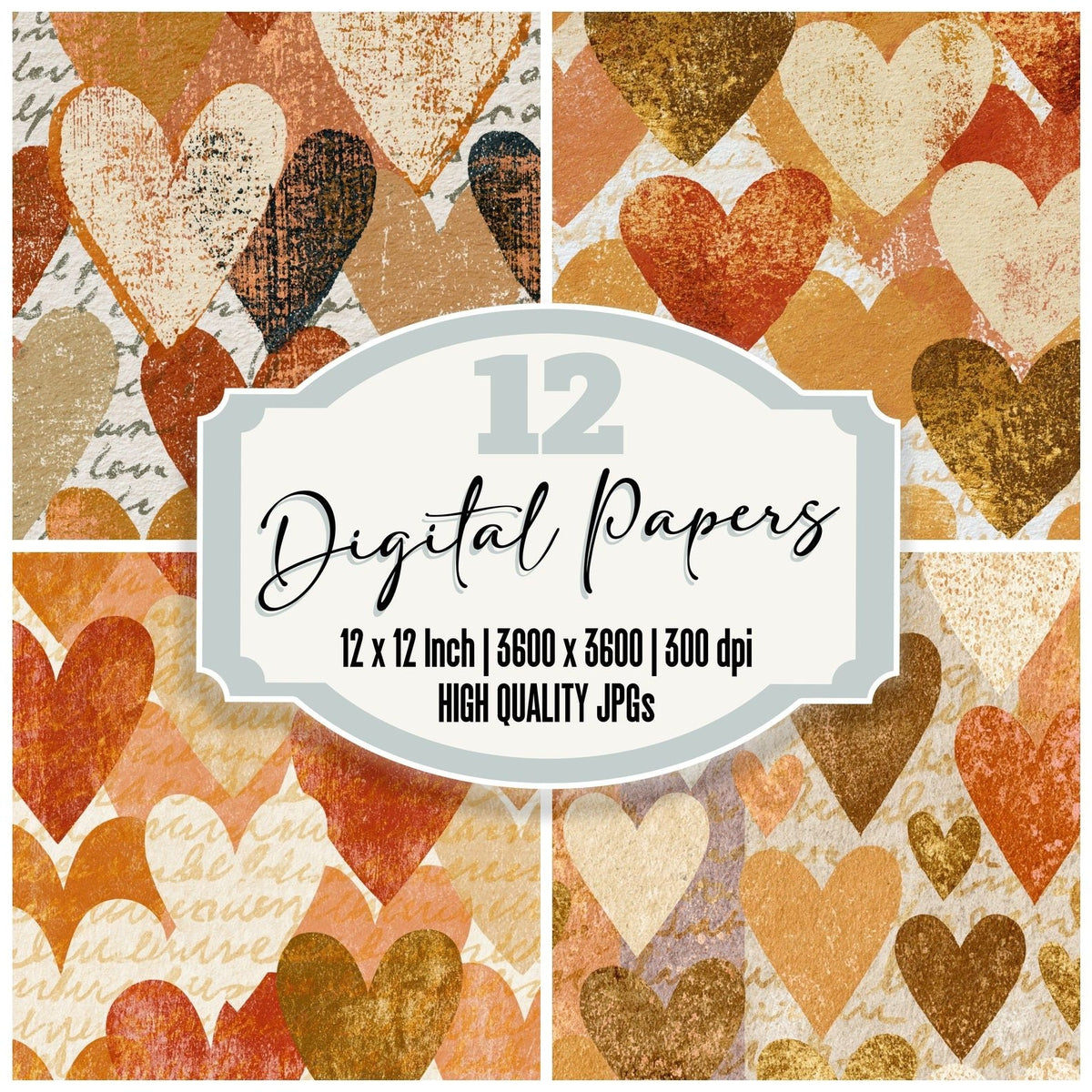 Woodblock Love Hearts Cream Camel digital paper pack cover showing four of the 12 papers