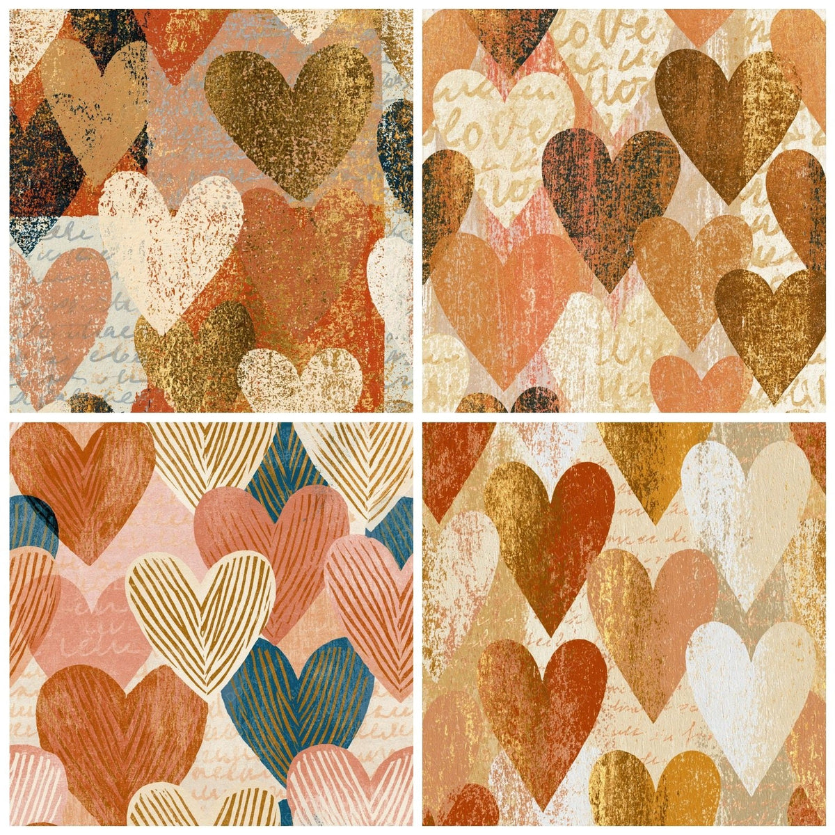 Four Woodblock Love Hearts Cream Camel digital papers from the pack shown in a grid