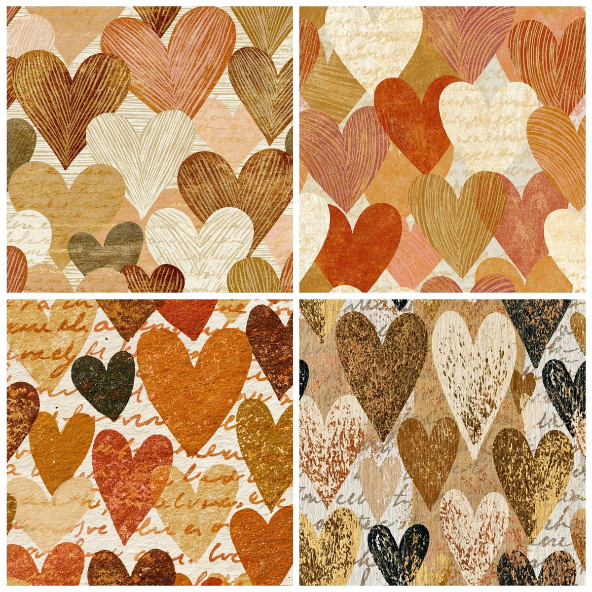 Four more Woodblock Love Hearts Cream Camel digital papers from the pack shown in a grid