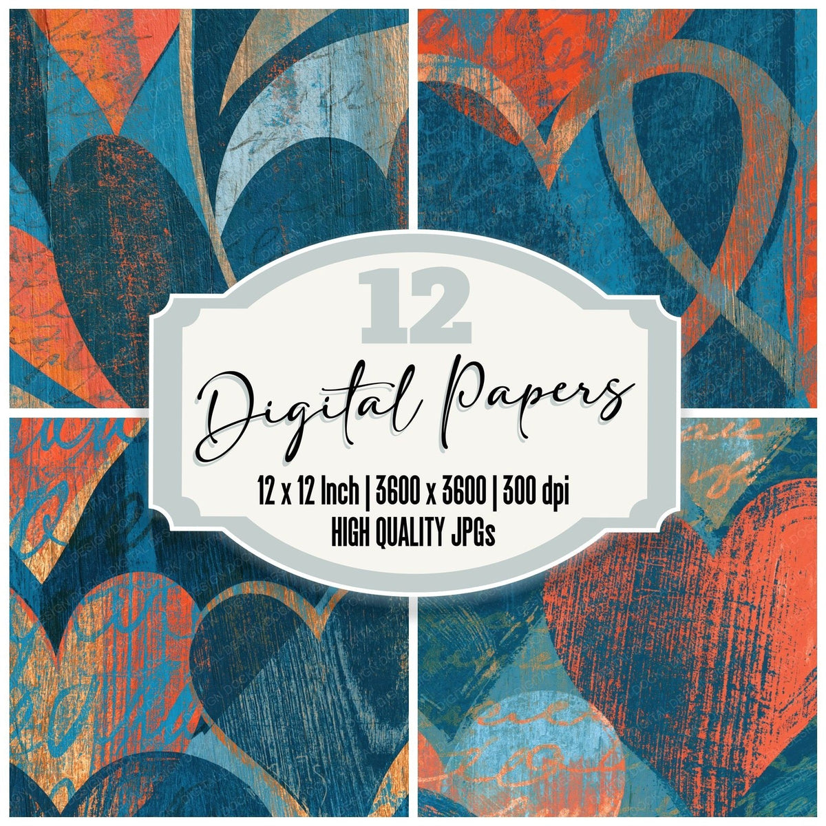 Woodcut Heart Outlines Lagoon Coral digital paper pack cover showing four of the 12 papers