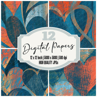 Woodcut Heart Outlines Lagoon Coral digital paper pack cover showing four of the 12 papers