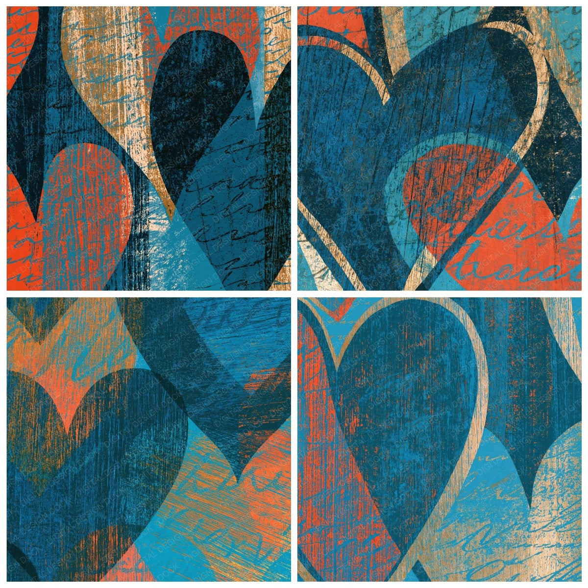 Four Woodcut Heart Outlines Lagoon Coral digital papers from the pack shown in a grid