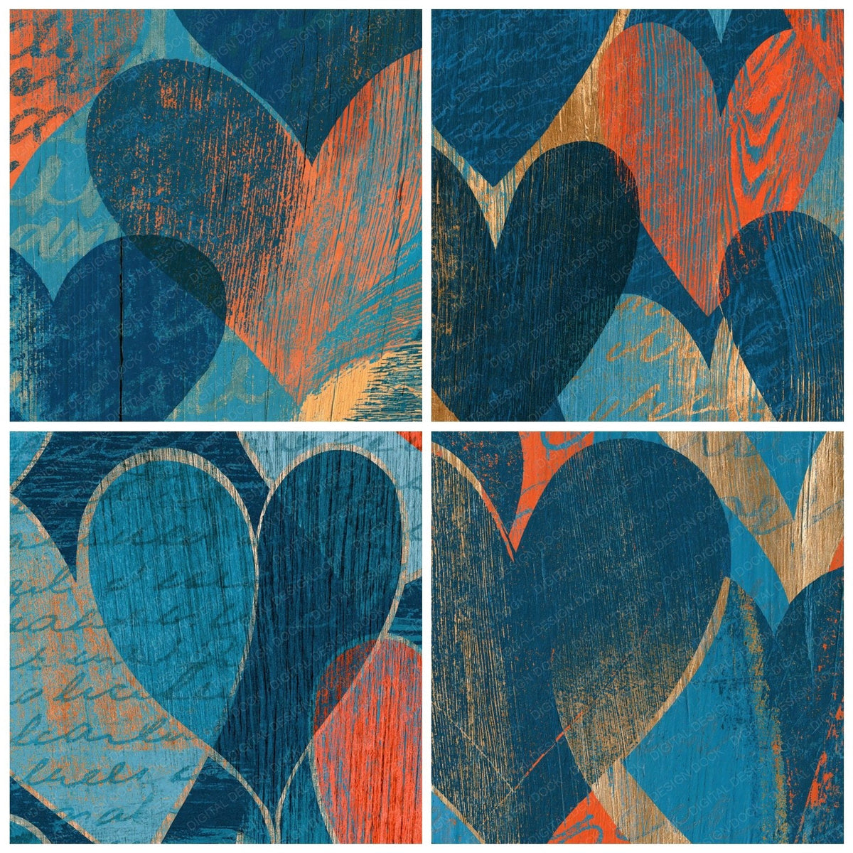 Four more Woodcut Heart Outlines Lagoon Coral digital papers from the pack shown in a grid