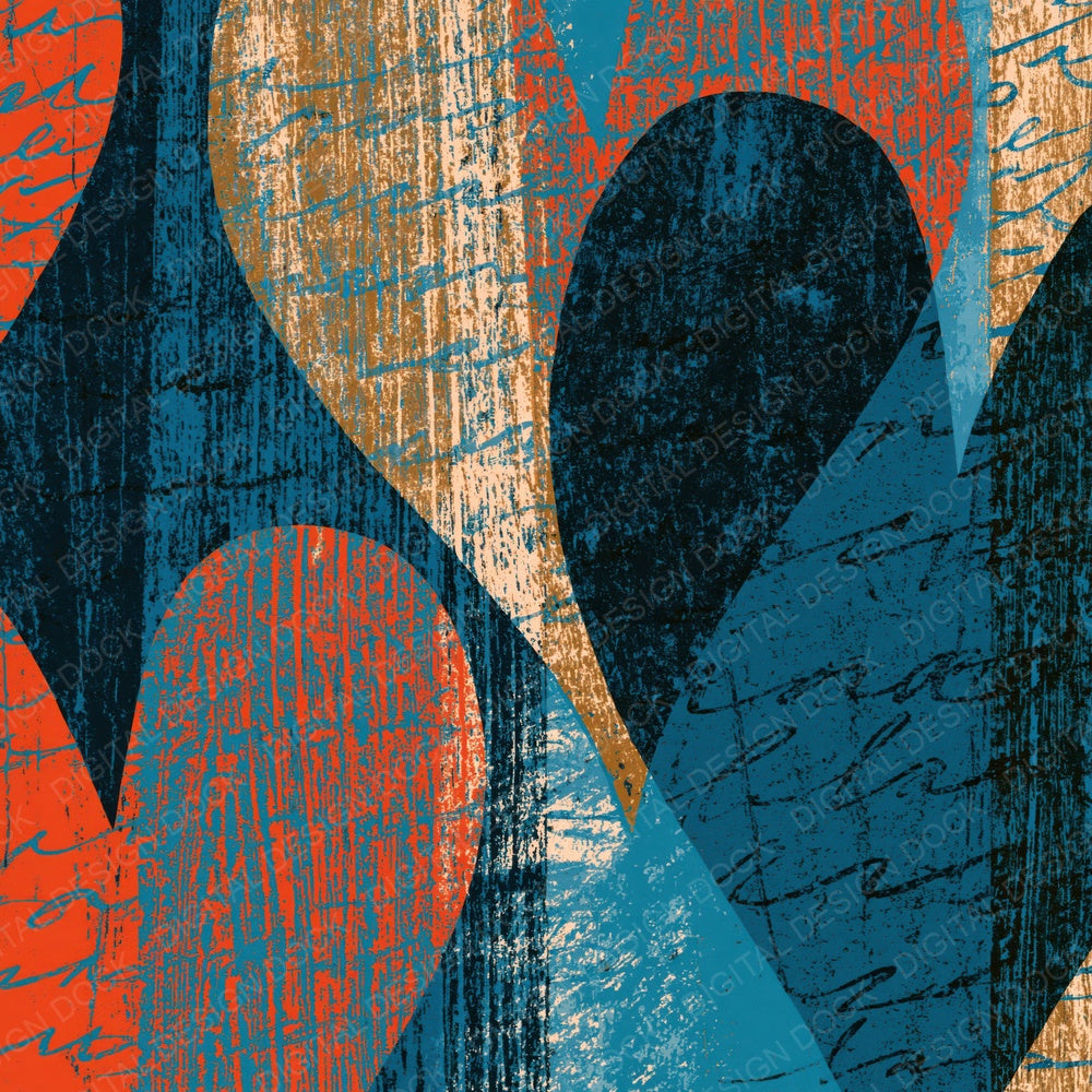 Single Woodcut Heart Outlines Lagoon Coral digital paper shown full size