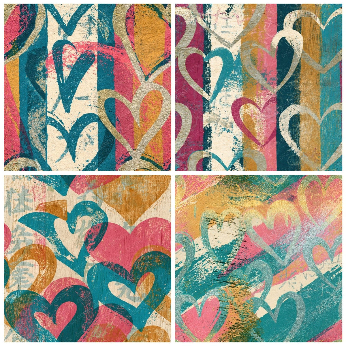 Four more Woodcut Hearts Turquoise Pink Ochre Seamless digital papers from the pack shown in a grid