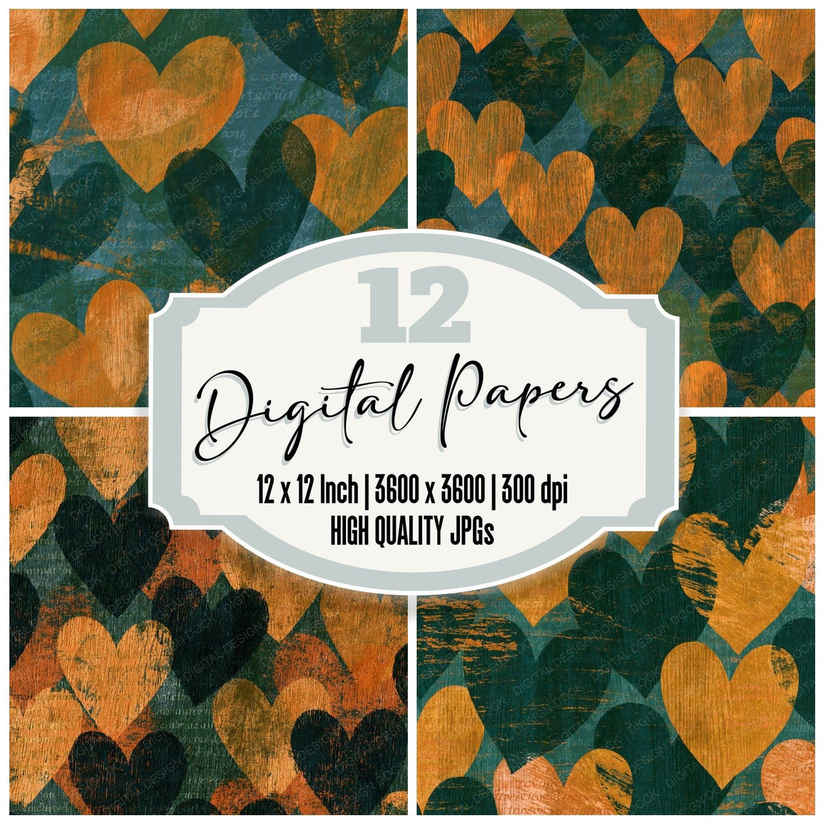 Woodcut Love Hearts Amber Forest Green digital paper pack cover showing four of the 12 papers