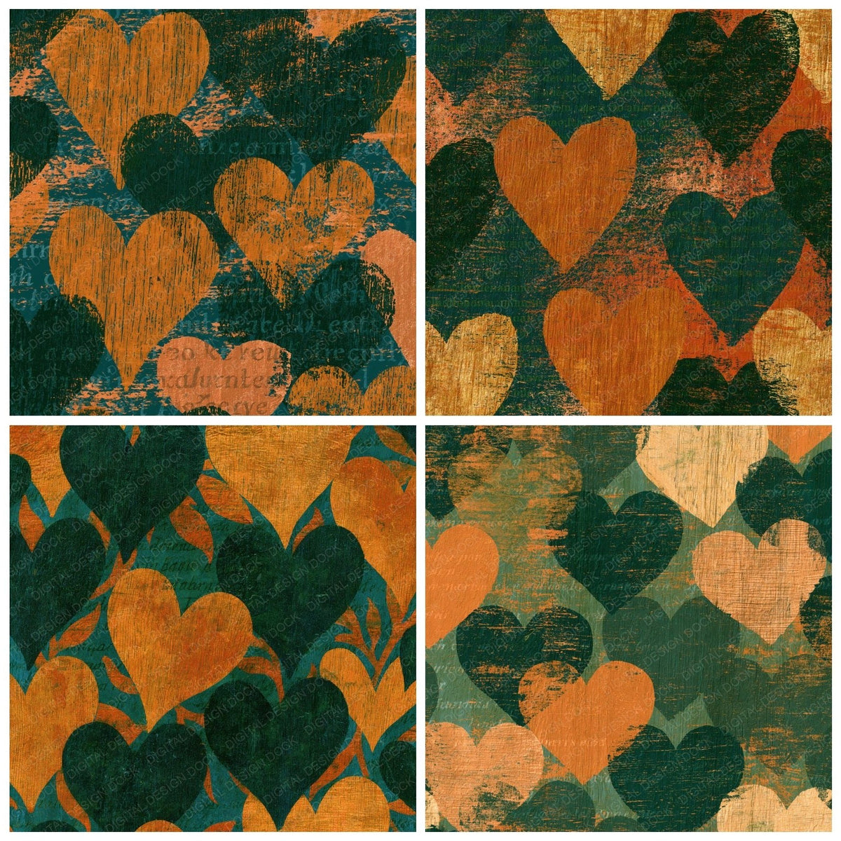 Four Woodcut Love Hearts Amber Forest Green digital papers from the pack shown in a grid