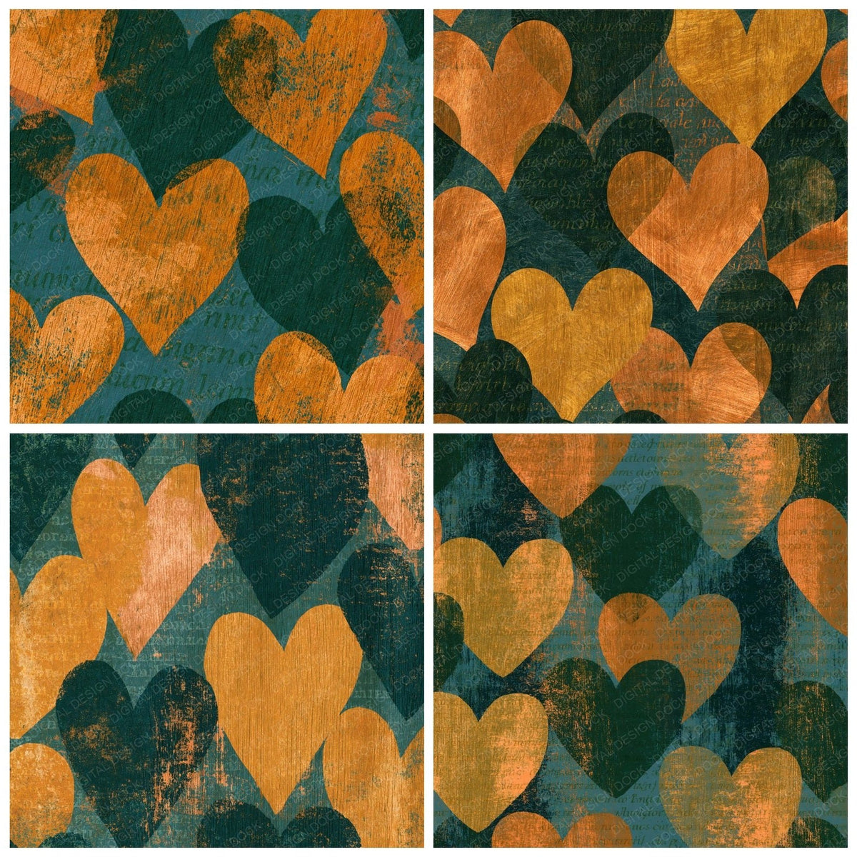 Four more Woodcut Love Hearts Amber Forest Green digital papers from the pack shown in a grid