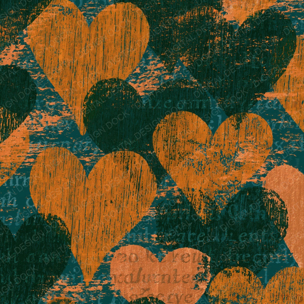 Single Woodcut Love Hearts Amber Forest Green digital paper shown full size