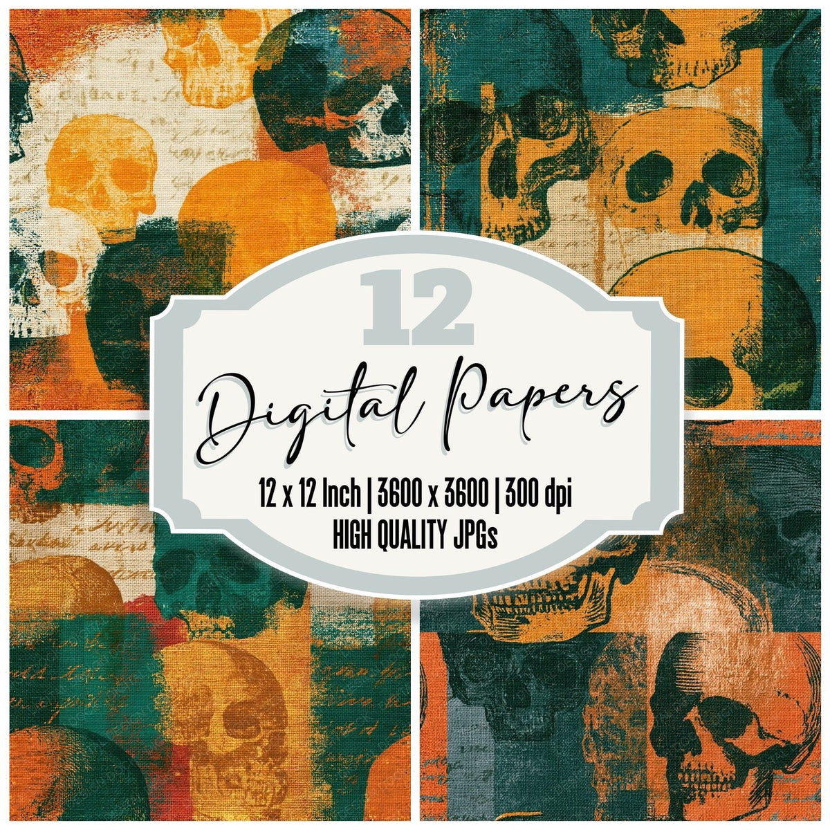 Woodcut Skulls Amber Forest Green Seamless digital paper pack cover showing four of the 12 papers