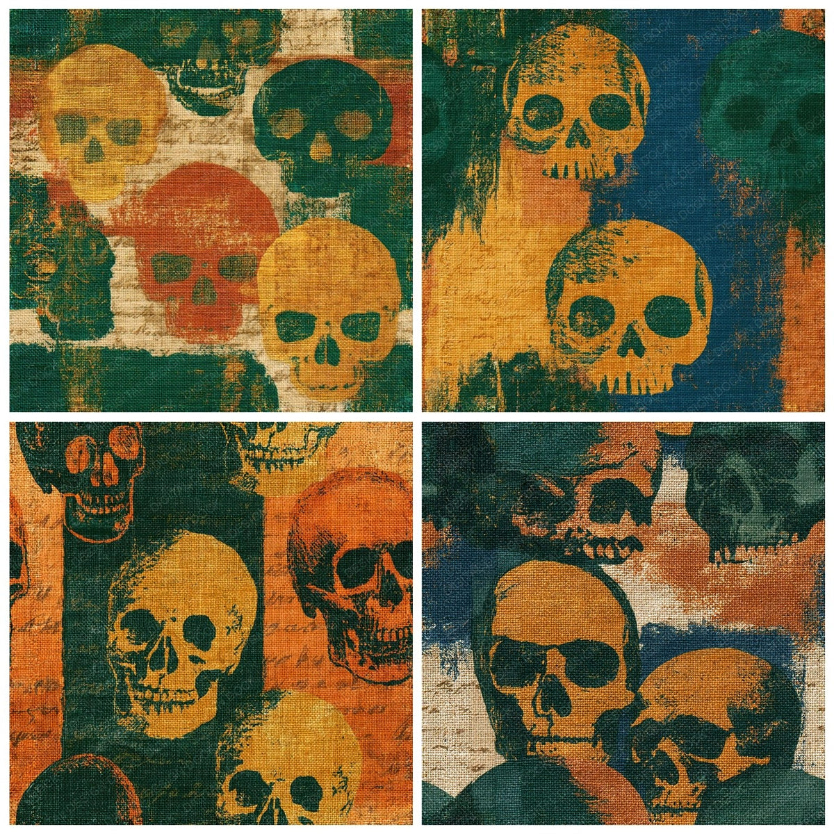 Four Woodcut Skulls Amber Forest Green Seamless digital papers from the pack shown in a grid