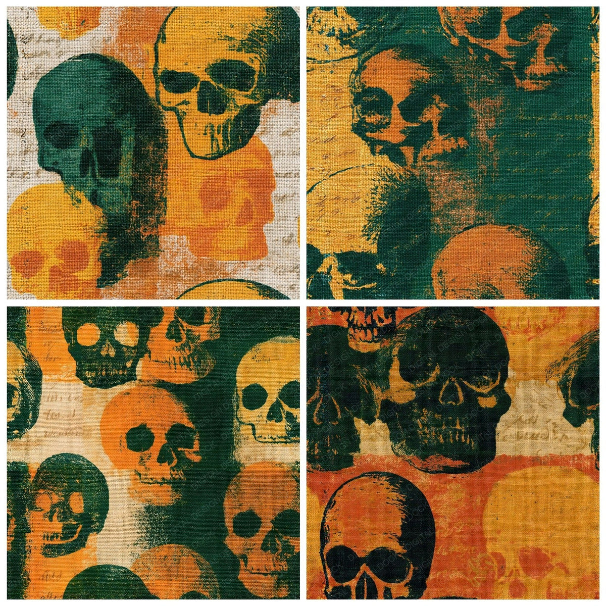 Four more Woodcut Skulls Amber Forest Green Seamless digital papers from the pack shown in a grid