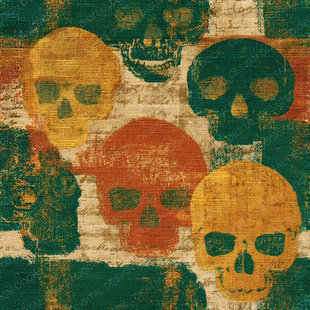 Single Woodcut Skulls Amber Forest Green Seamless digital paper shown full size
