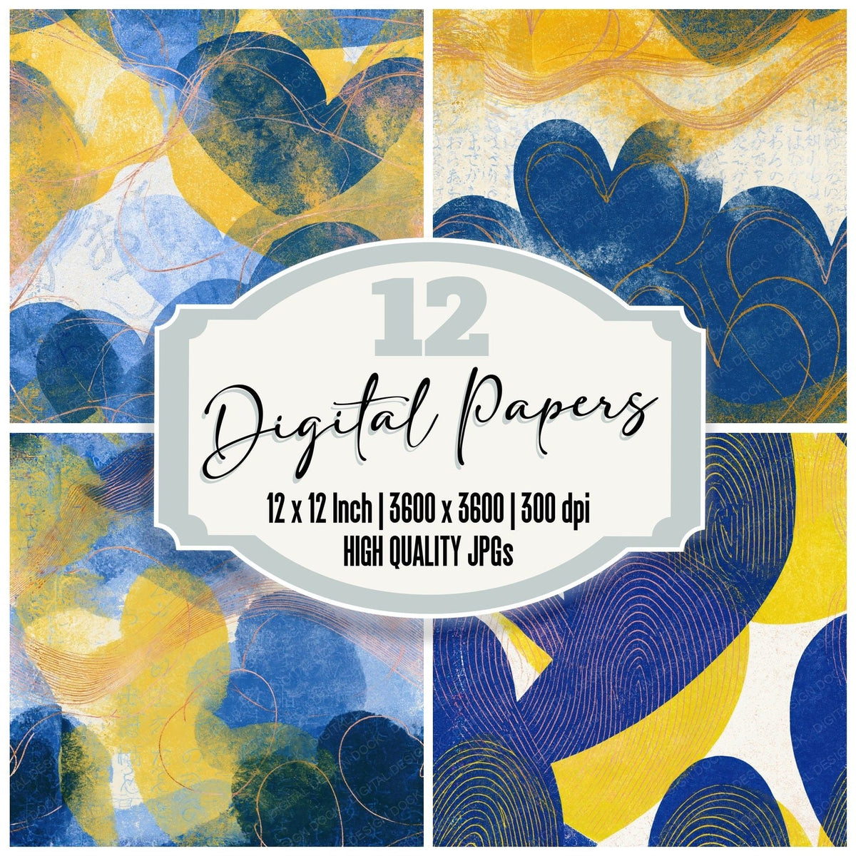 Etching Heart Outlines Cobalt Lemon Seamless digital paper pack cover showing four of the 12 papers