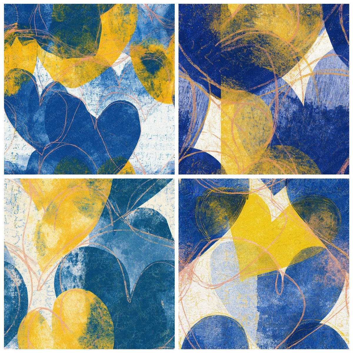 Four Etching Heart Outlines Cobalt Lemon Seamless digital papers from the pack shown in a grid