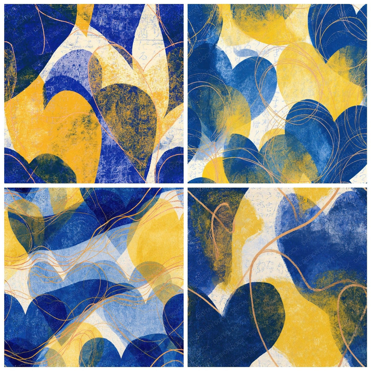 Four more Etching Heart Outlines Cobalt Lemon Seamless digital papers from the pack shown in a grid