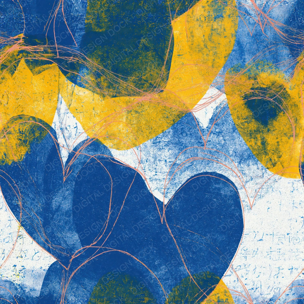 Single Etching Heart Outlines Cobalt Lemon Seamless digital paper shown full size
