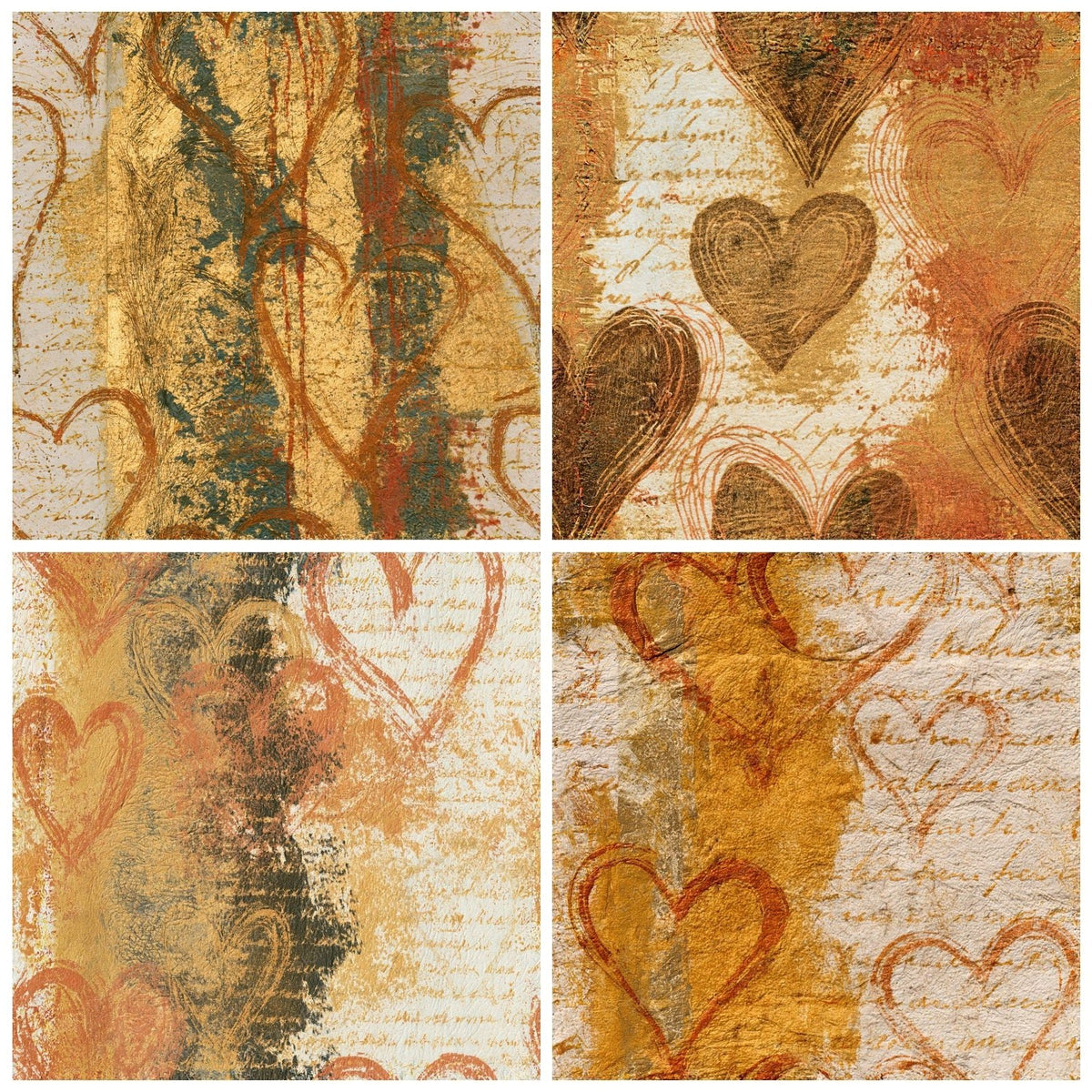 Four more Etching Heart Outlines Leather Gold Seamless digital papers from the pack shown in a grid