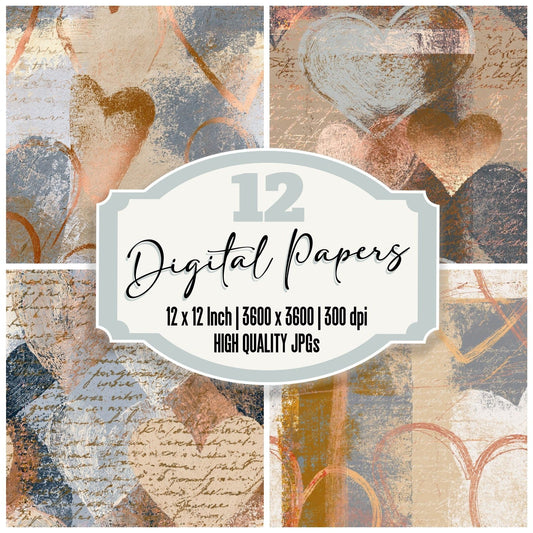 Etching Love Hearts Sand Biscuit Seamless digital paper pack cover showing four of the 12 papers