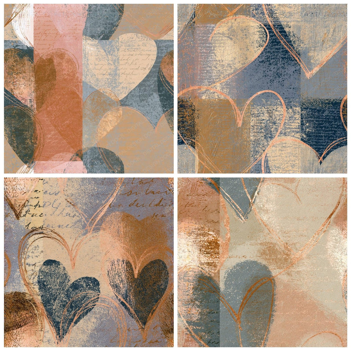 Four Etching Love Hearts Sand Biscuit Seamless digital papers from the pack shown in a grid