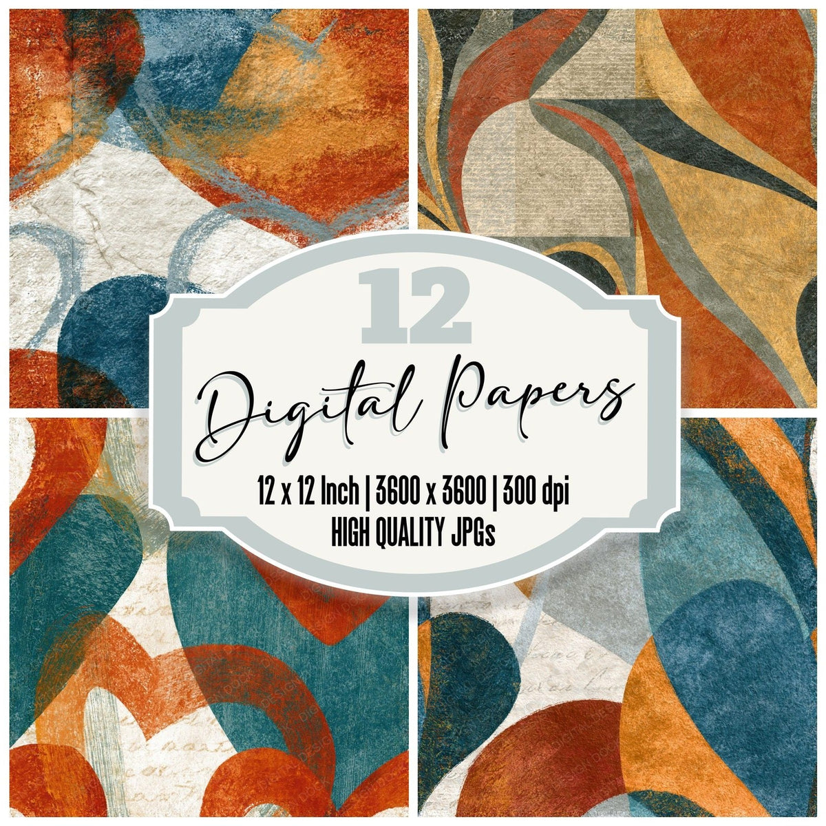 Lithograph Heart Outlines Copper Rust Seamless digital paper pack cover showing four of the 12 papers