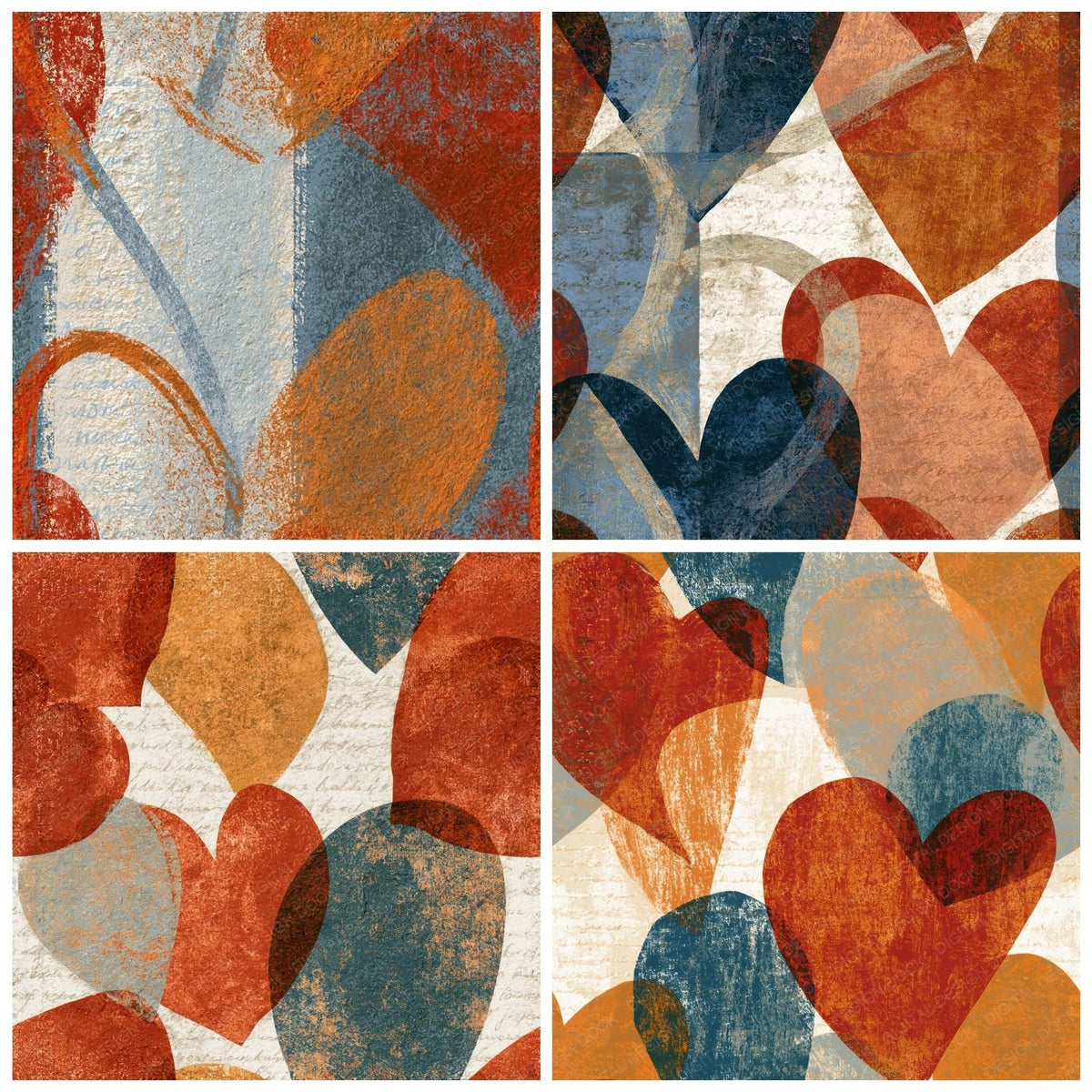 Four Lithograph Heart Outlines Copper Rust Seamless digital papers from the pack shown in a grid