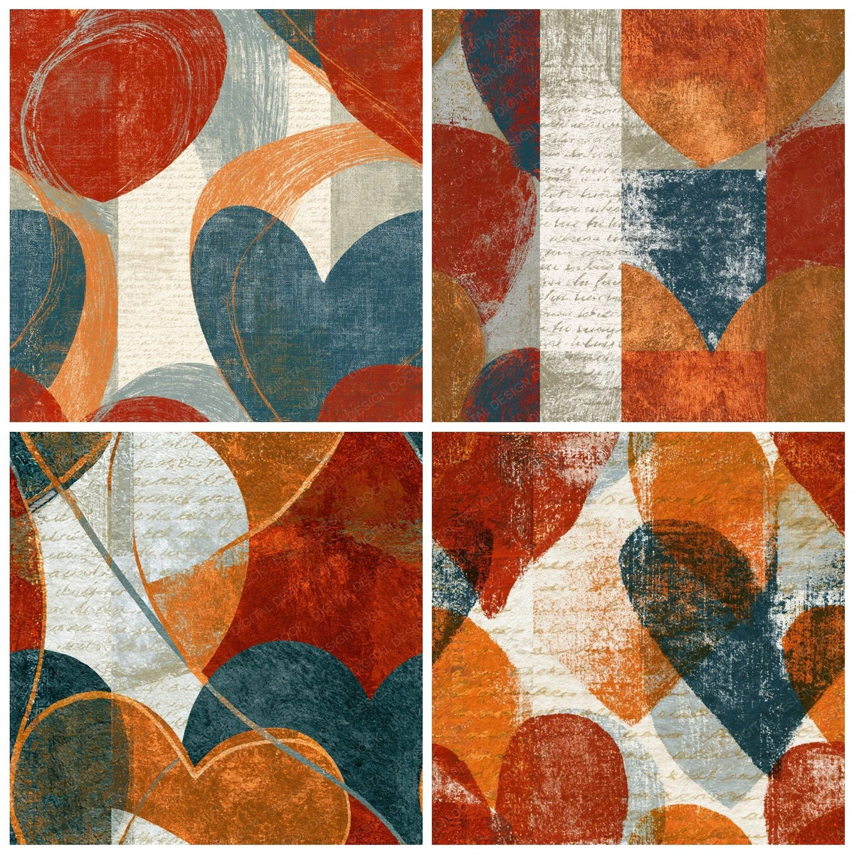 Four more Lithograph Heart Outlines Copper Rust Seamless digital papers from the pack shown in a grid