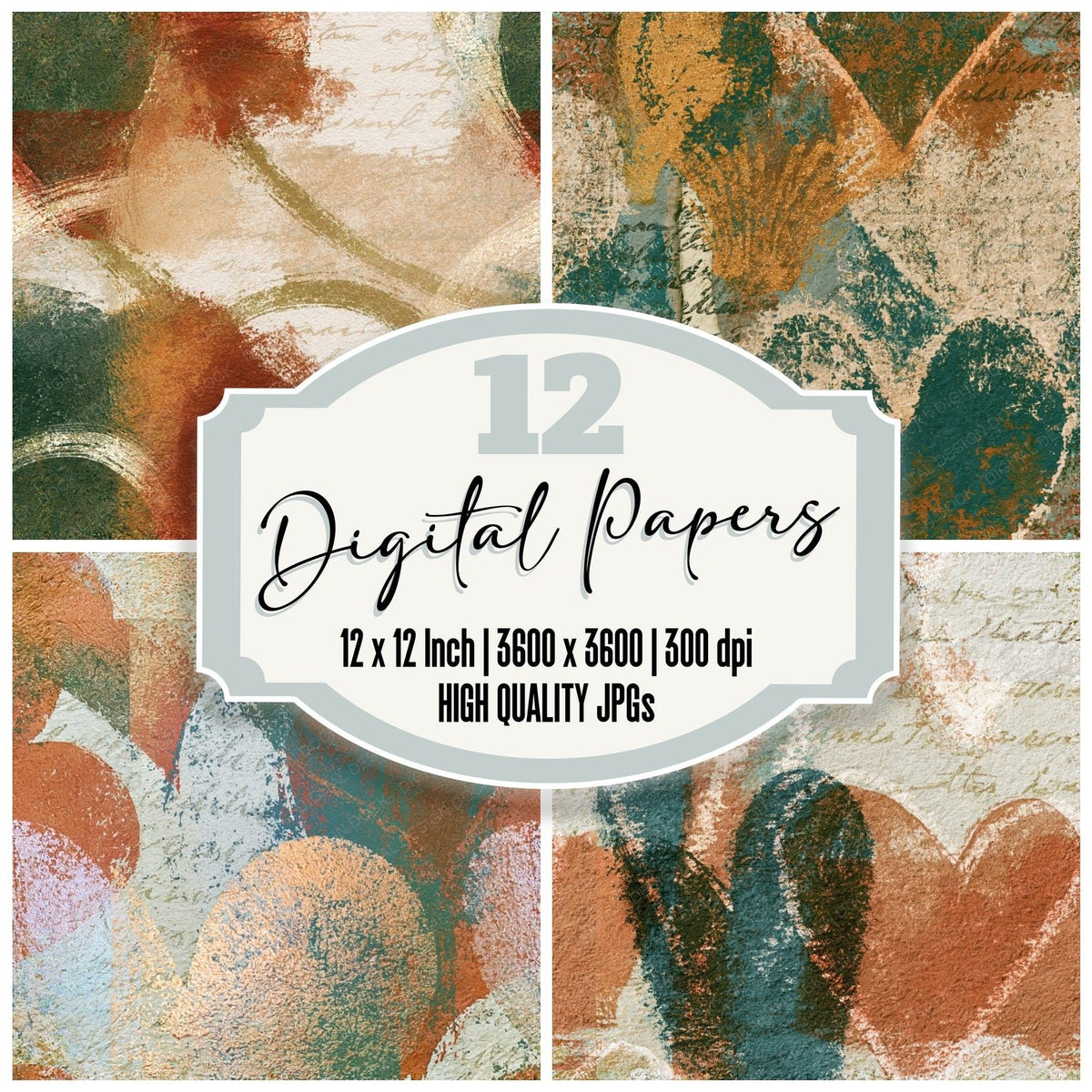 Lithograph Heart Outlines Copper Rust Seamless (2) digital paper pack cover showing four of the 12 papers