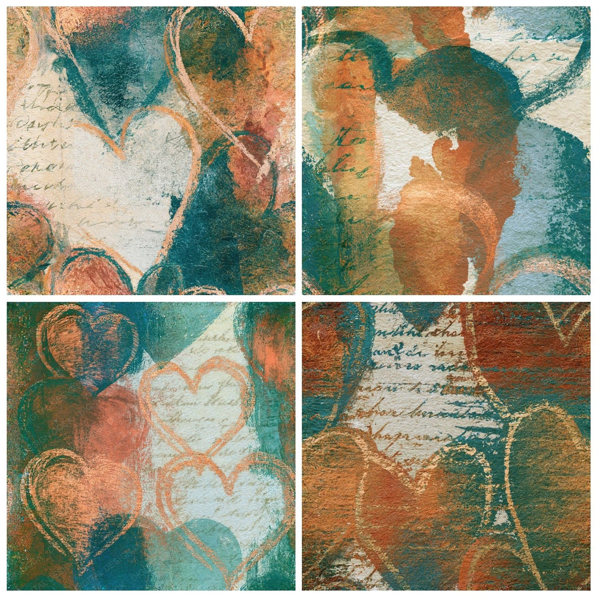 Four Lithograph Heart Outlines Copper Rust Seamless (2) digital papers from the pack shown in a grid