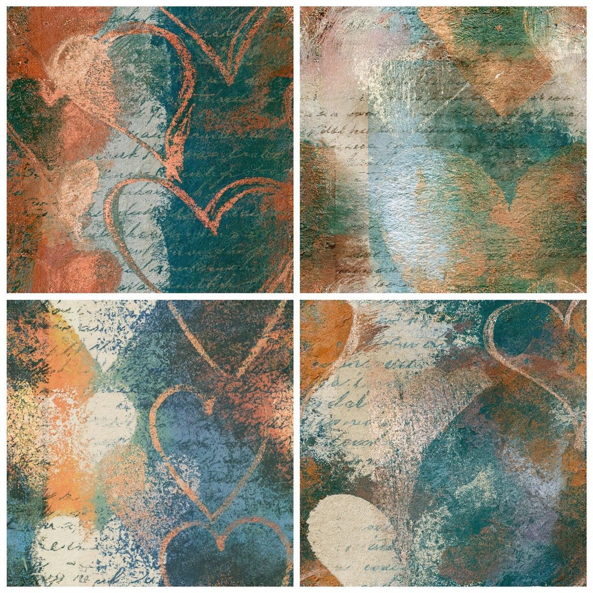 Four more Lithograph Heart Outlines Copper Rust Seamless (2) digital papers from the pack shown in a grid
