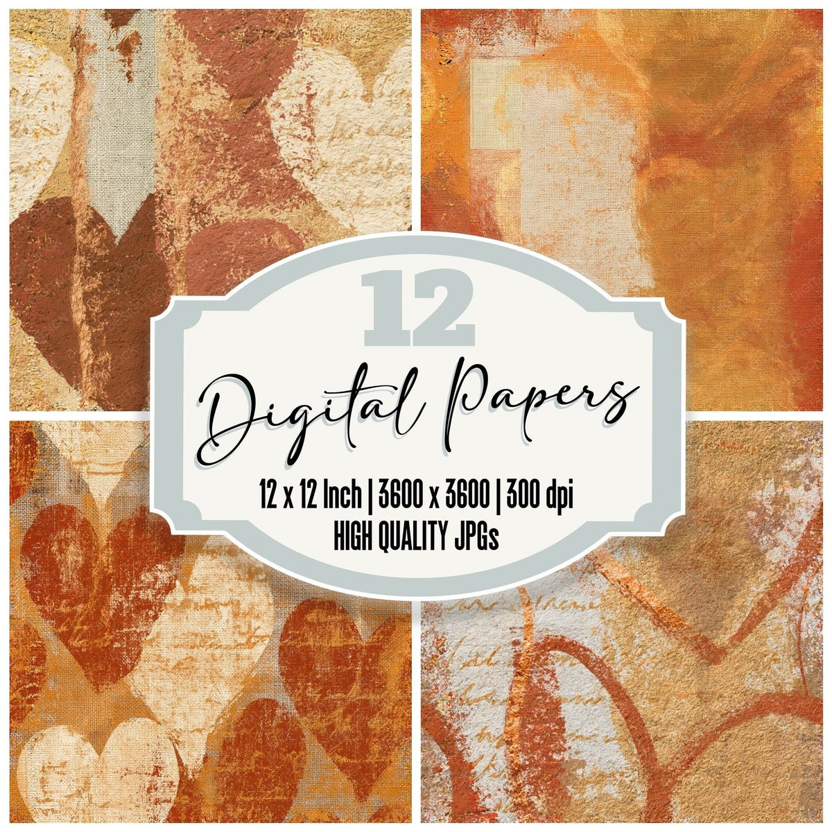 Lithograph Heart Outlines Rust Gold Seamless digital paper pack cover showing four of the 12 papers