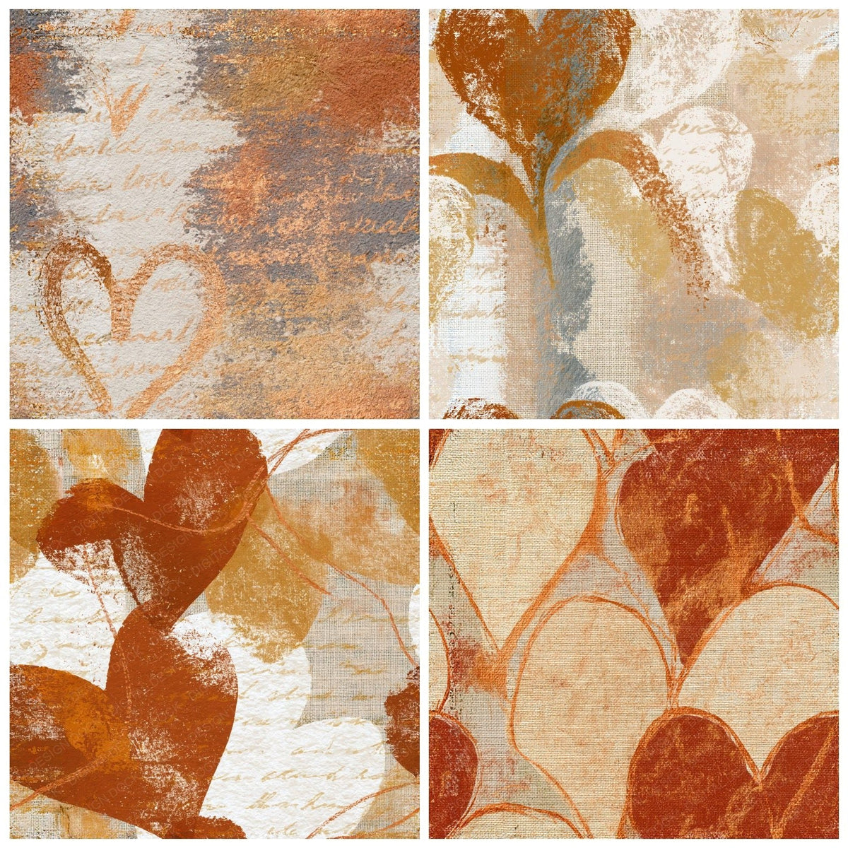 Four more Lithograph Heart Outlines Rust Gold Seamless digital papers from the pack shown in a grid