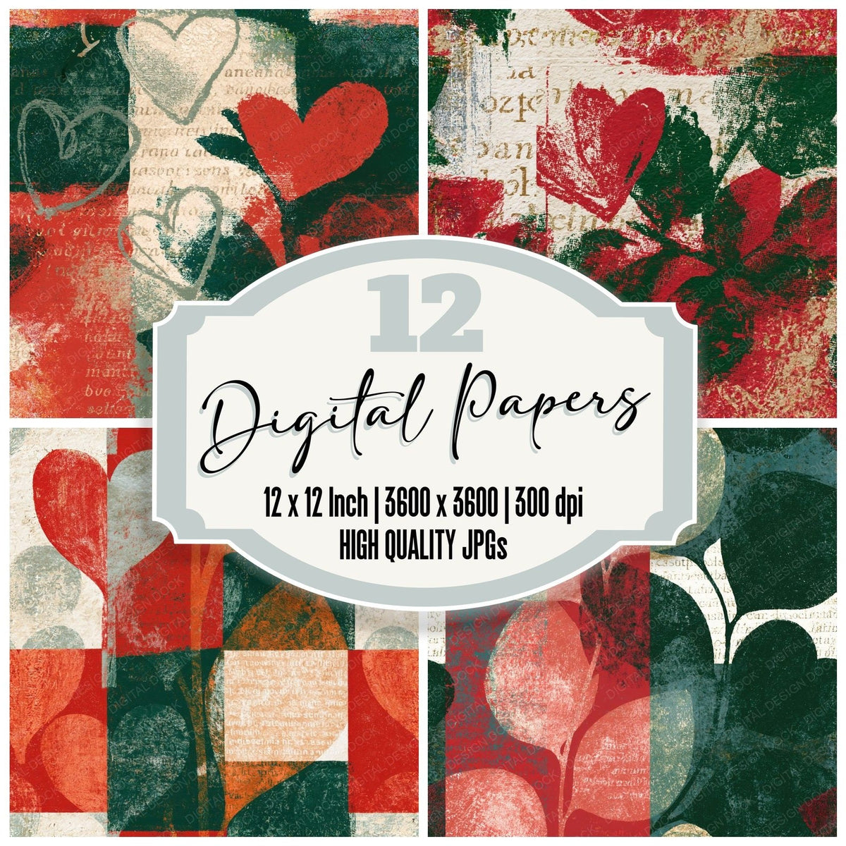 Lithograph Hearts Crimson Forest Green Seamless digital paper pack cover showing four of the 12 papers