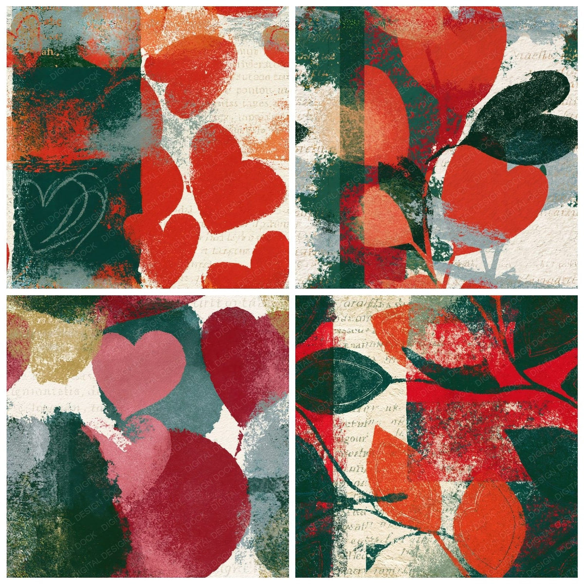 Four Lithograph Hearts Crimson Forest Green Seamless digital papers from the pack shown in a grid