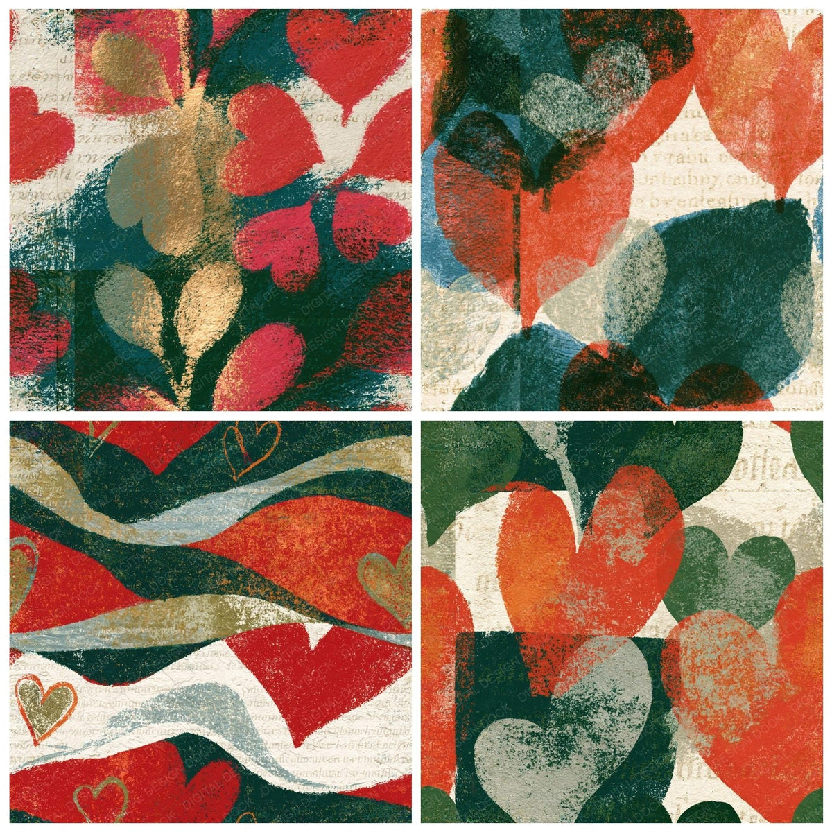Four more Lithograph Hearts Crimson Forest Green Seamless digital papers from the pack shown in a grid