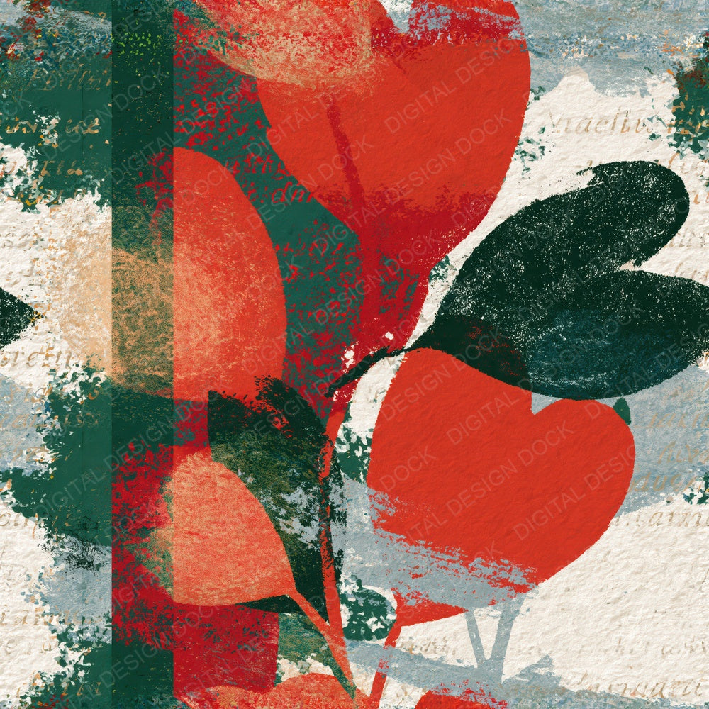 Another Lithograph Hearts Crimson Forest Green Seamless digital paper shown full size