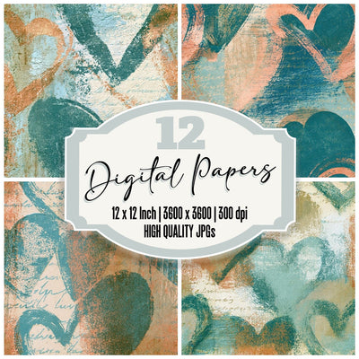 Monoprint Heart Outlines Sea Green Cream Seamless digital paper pack cover showing four of the 12 papers