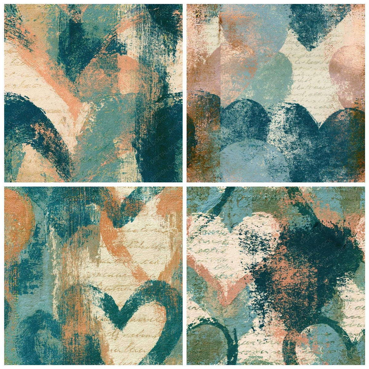 Four Monoprint Heart Outlines Sea Green Cream Seamless digital papers from the pack shown in a grid