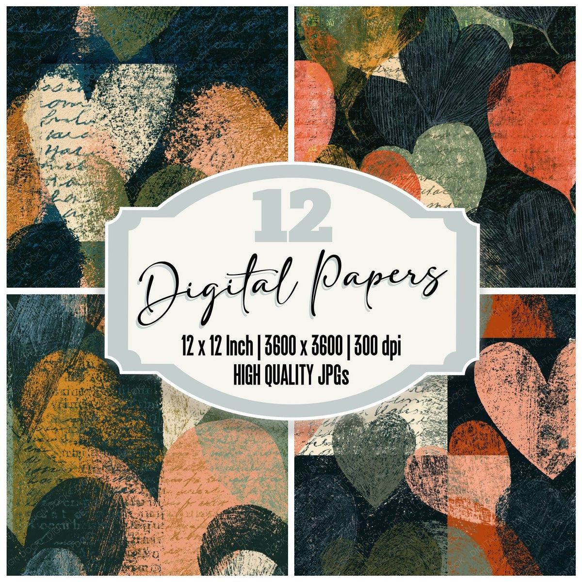 Scratchboard Heart Outlines Blush Sage Seamless digital paper pack cover showing four of the 12 papers