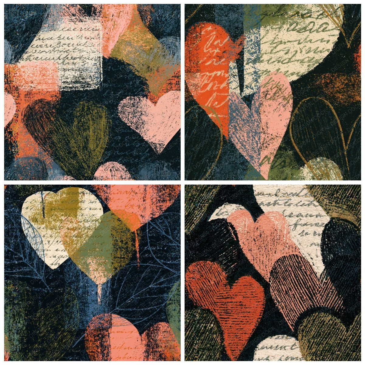 Four Scratchboard Heart Outlines Blush Sage Seamless digital papers from the pack shown in a grid