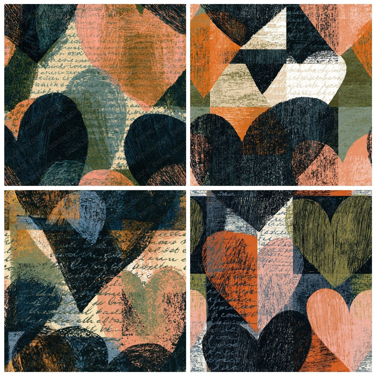 Four more Scratchboard Heart Outlines Blush Sage Seamless digital papers from the pack shown in a grid