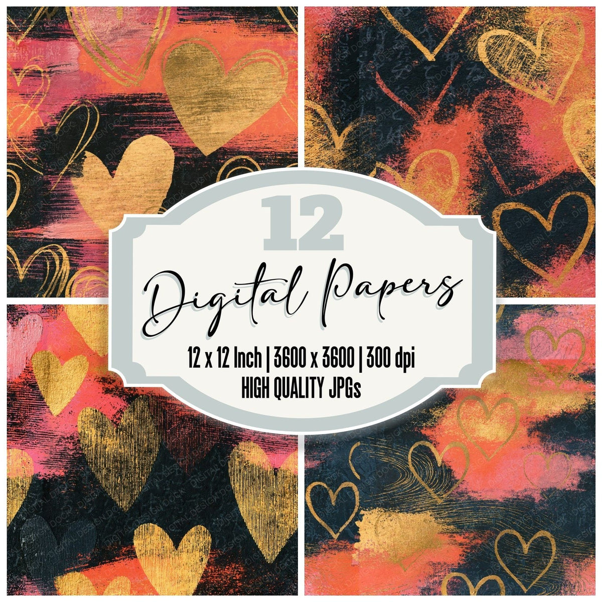 Scratchboard Hearts Coral Gold Seamless digital paper pack cover showing four of the 12 papers