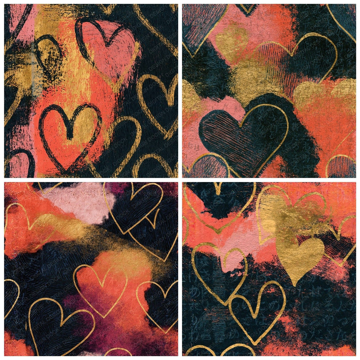 Four Scratchboard Hearts Coral Gold Seamless digital papers from the pack shown in a grid
