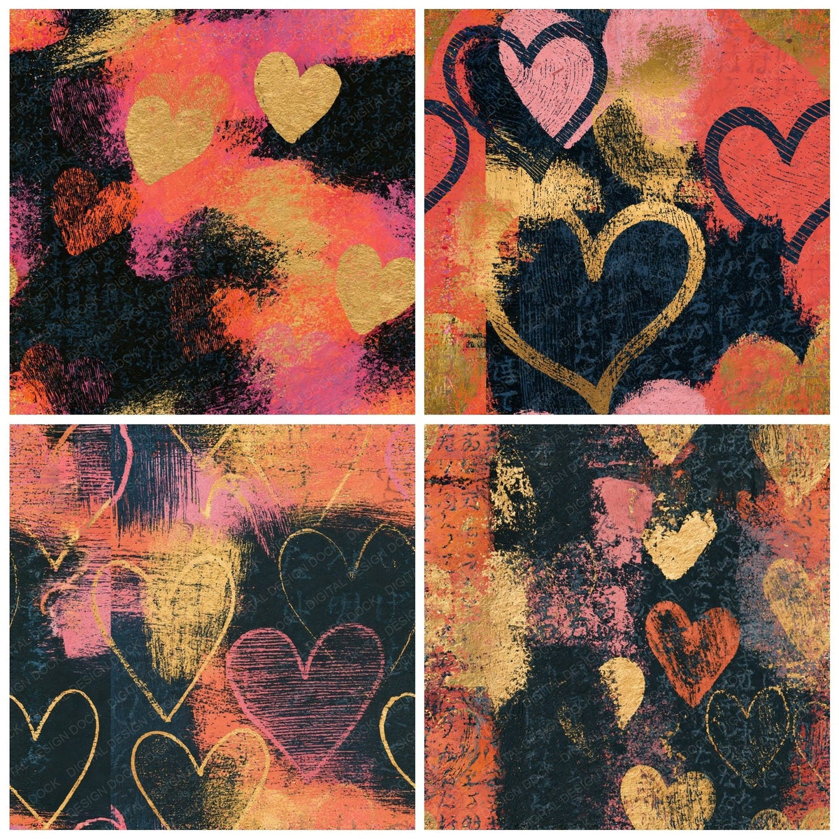 Four more Scratchboard Hearts Coral Gold Seamless digital papers from the pack shown in a grid