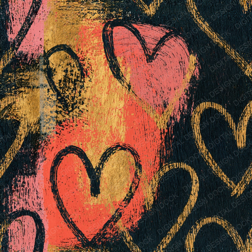 Single Scratchboard Hearts Coral Gold Seamless digital paper shown full size