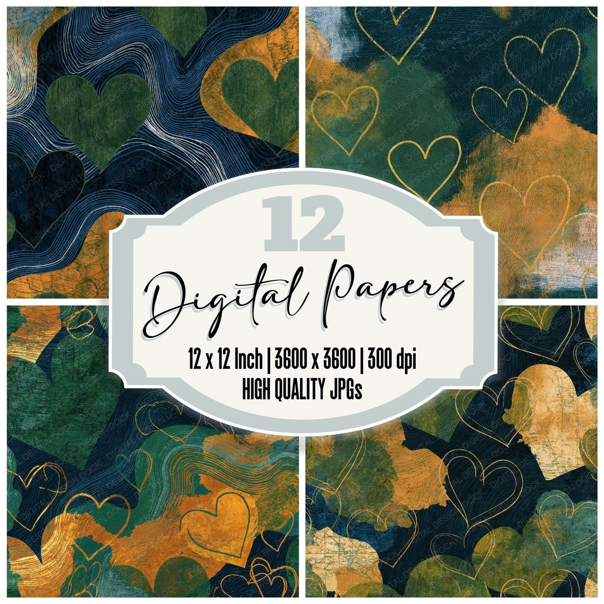 Scratchboard Hearts Palm Ochre Abstract digital paper pack cover showing four of the 12 papers
